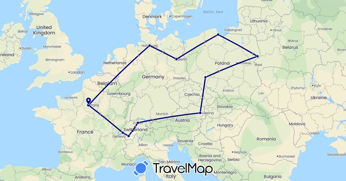TravelMap itinerary: driving in Austria, Switzerland, Germany, France, Poland (Europe)